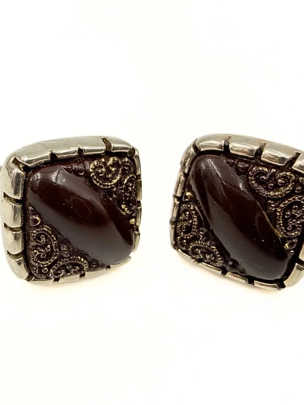 Amazing Vintage Renaissance Brown Glass Ornate Gold Plated Cufflinks
